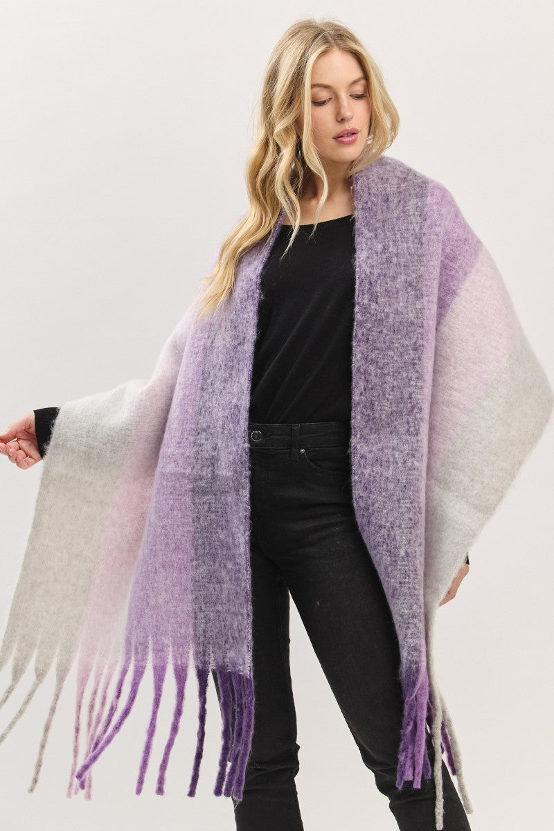 Oversized Solid Colorblock Soft Brushed Knit Fringe Scarf