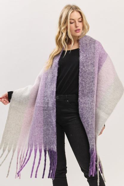 Oversized Solid Colorblock Soft Brushed Knit Fringe Scarf