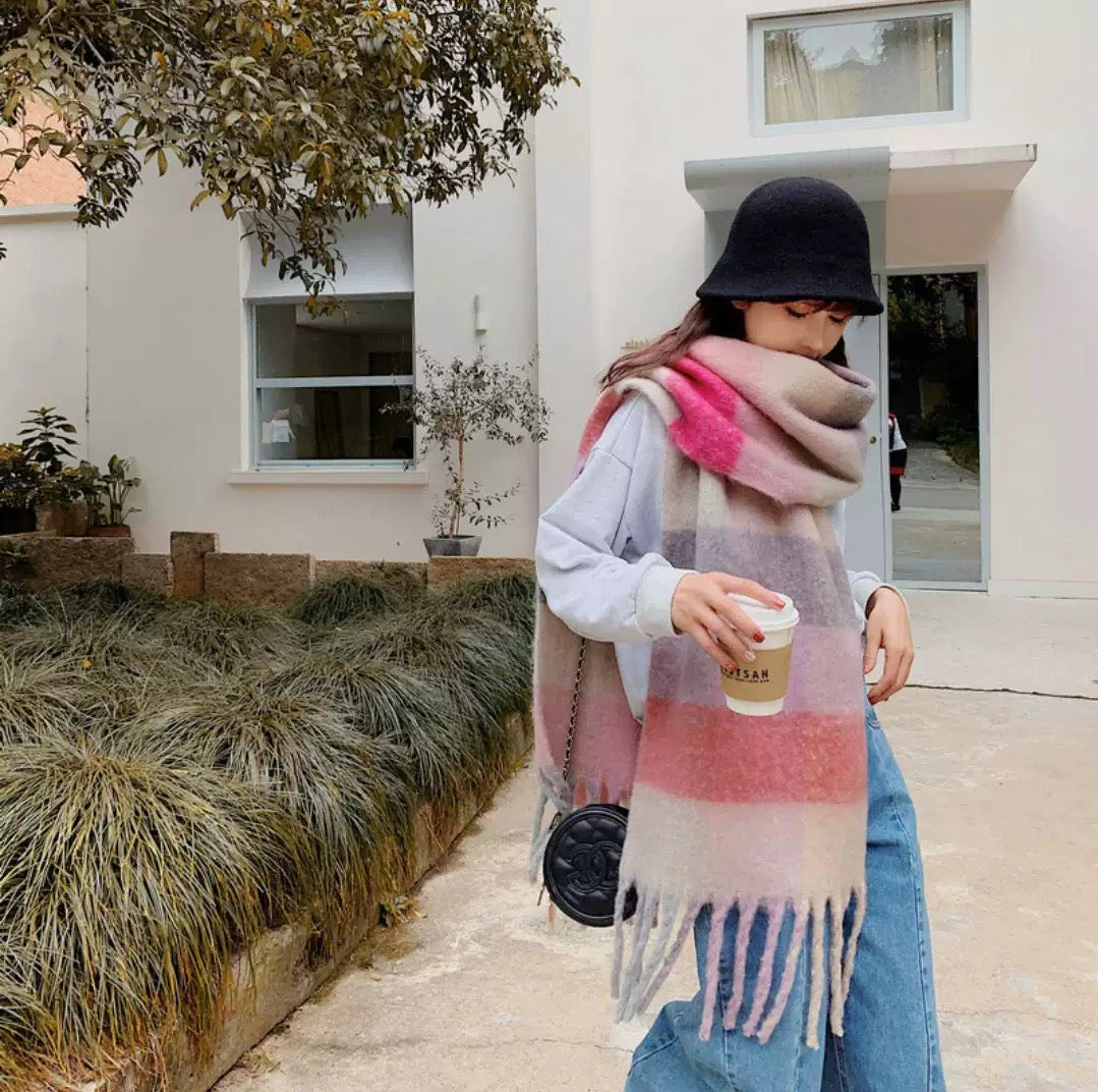 Oversized Solid Colorblock Soft Brushed Knit Fringe Scarf