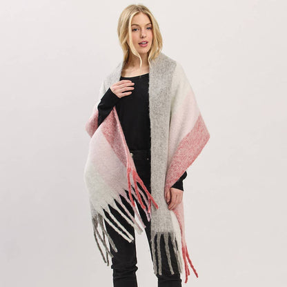 Oversized Solid Colorblock Soft Brushed Knit Fringe Scarf