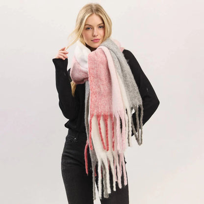 Oversized Solid Colorblock Soft Brushed Knit Fringe Scarf