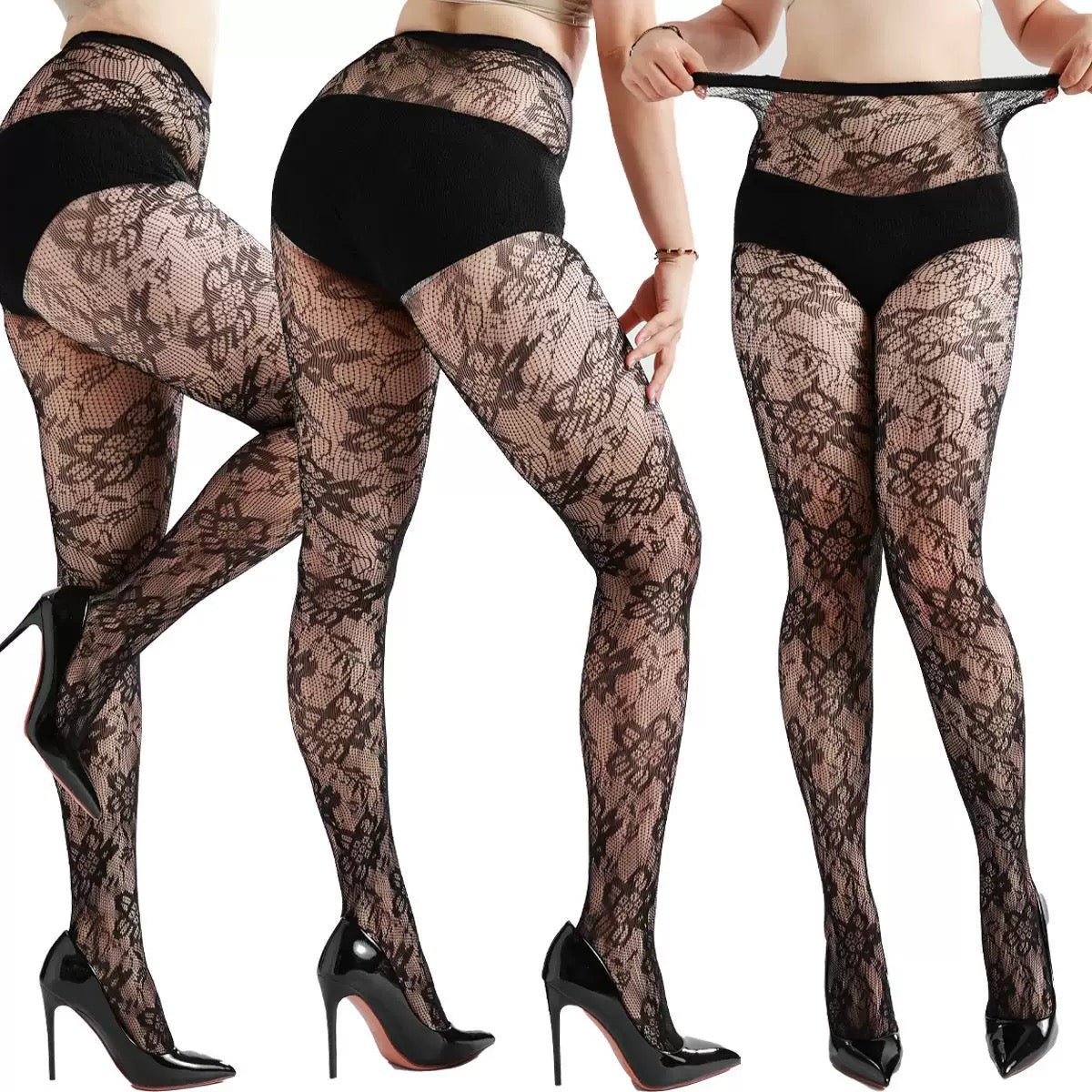 Cross-border domestic abstract flower hollow jacquard sexy fishnet stockings mesh black silk pantyhose women