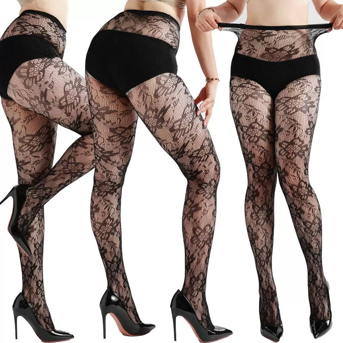 Cross-border domestic abstract flower hollow jacquard sexy fishnet stockings mesh black silk pantyhose women